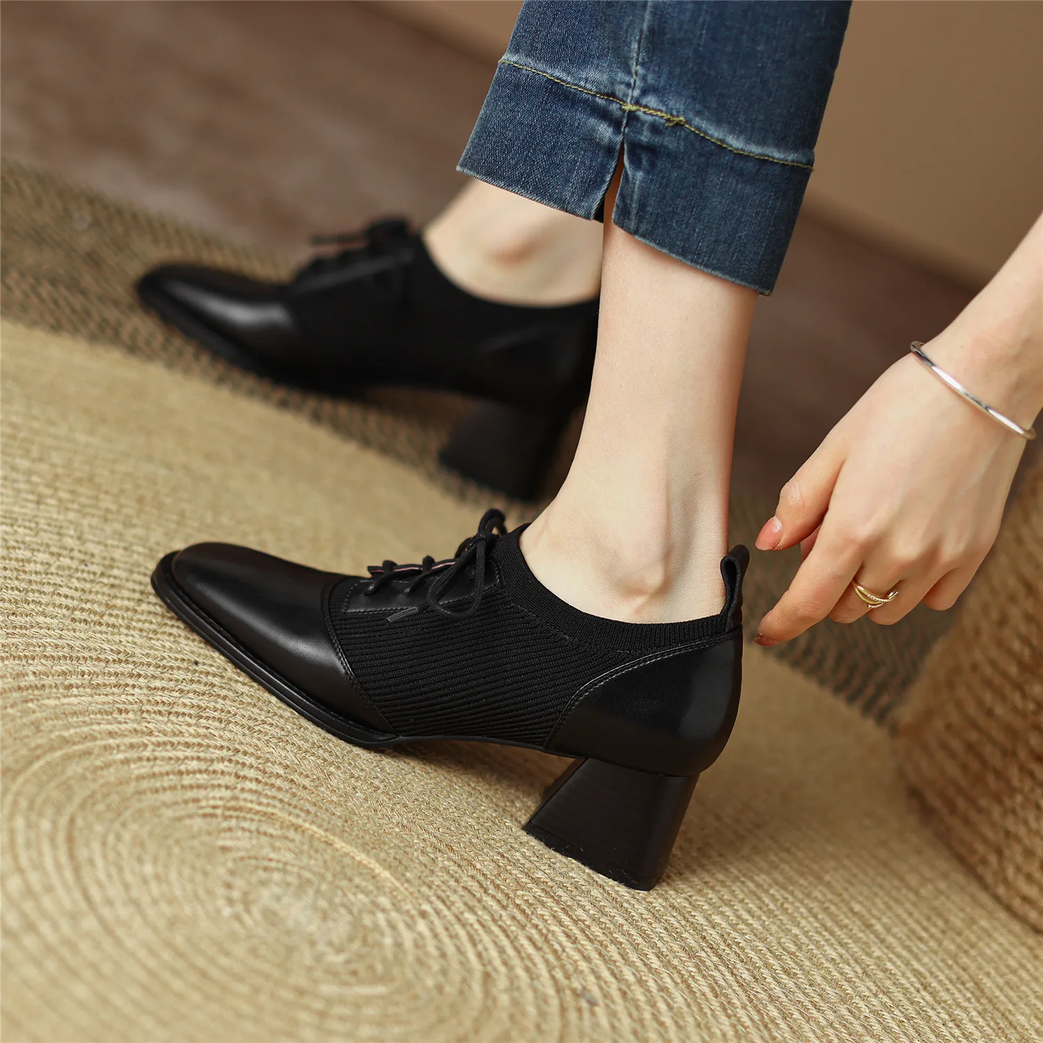 Heels for Women Cow Split Leather Black High Heels Pigskin Lining and Insole Stretch Knit Pumps Office Spring Autumn Big Size 42