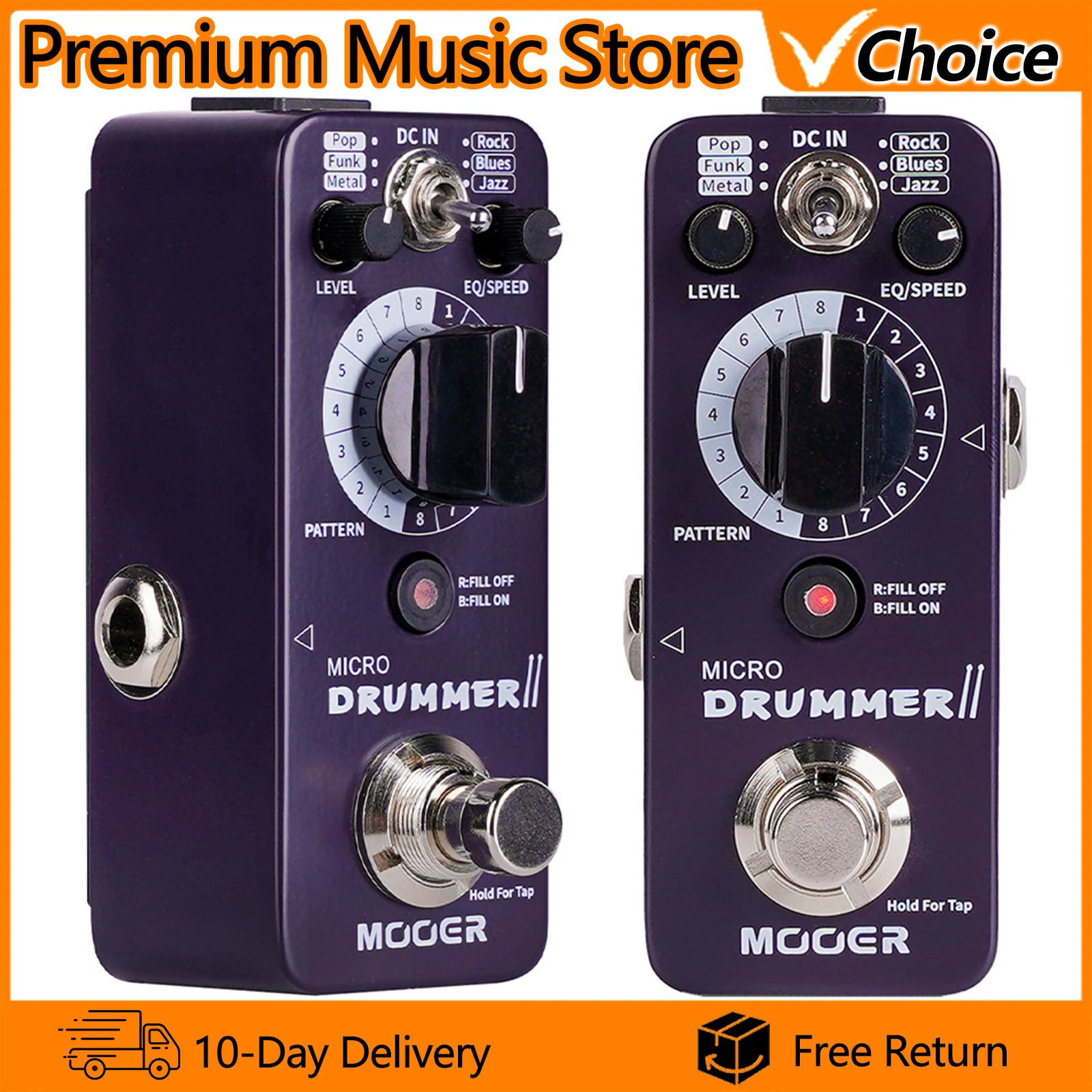 

MOOER Micro Drummer II Drum Machine Pedal 48 Drummer Grooves 6 Style Per 8 Different Rythem with EQ Tap Tempo Fill Function