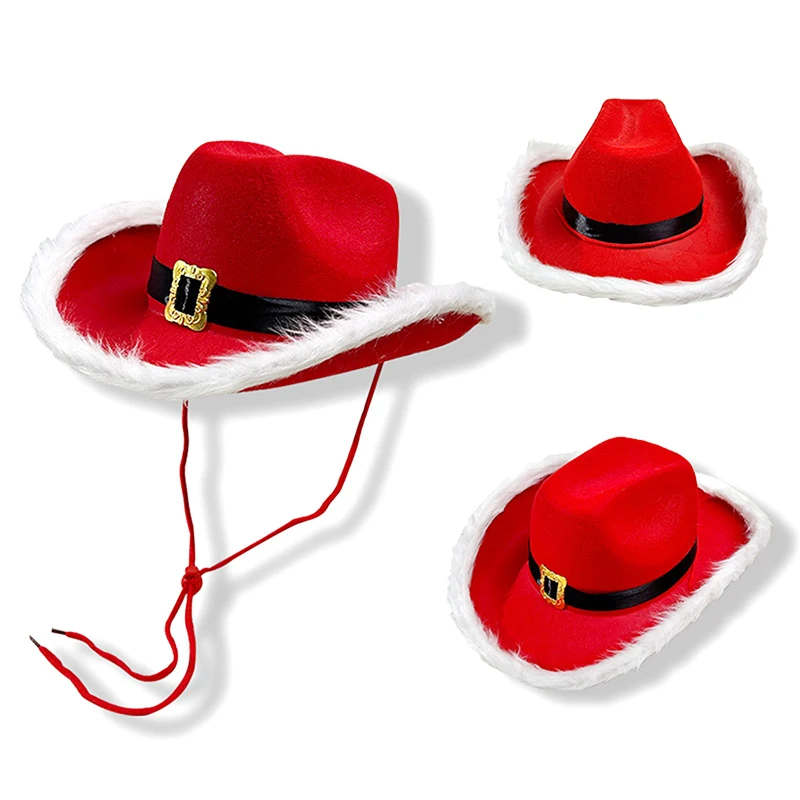 Christmas Red Cowboy Hat Winter Women Men Feather Black Belt Soft Hats Adjustable Comfortable Santa Cap