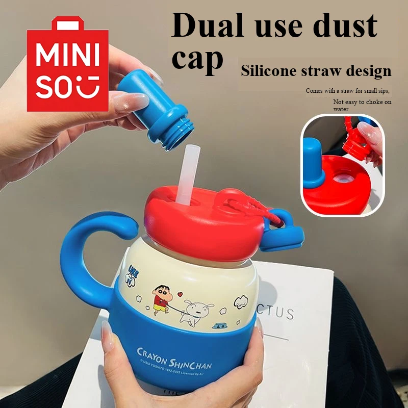 

MINISO Crayon Shin chan cartoon thermos 700ML Large capacity 316 stainless steel Student water cup Straw Cup good-looking