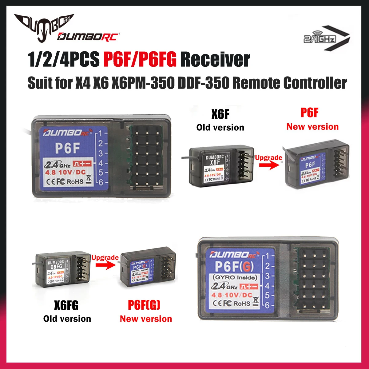 1/2/4PCS DUMBORC P6F/P6FG 2,4G 6CH Radio System Empfänger für Sender X4 X6 DDF-350 Fernbedienung RC Auto Fahrzeug Teil
