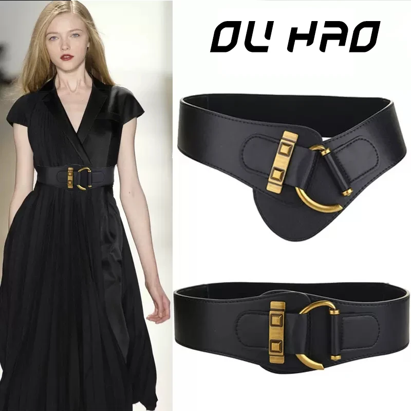 

Women's Fashion Vintage Wide Elastic Waist Belt with Interlock Buckle Steampunk Genuine Leather Stretch Waistband Belts