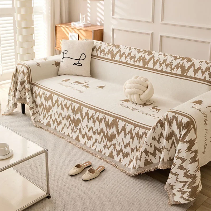 Deer Printed Sofa Towel with Tassels Modern Chenille Anti-Wear Sofa Cover for Four Seasons Soft Double Face Usable Dust Cover