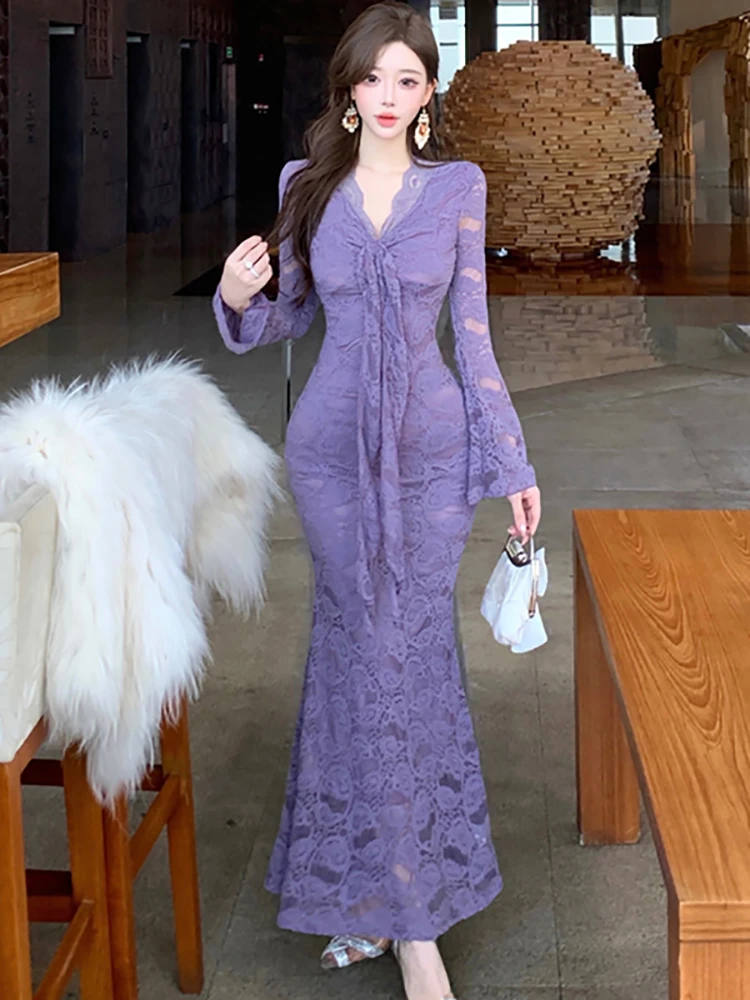 Purple Lace Hook Flower Hollow Chic Women Clothes 2026 Korean Fashion Luxury Evening Dress Spring Autumn Elegant Bodycon Dresses