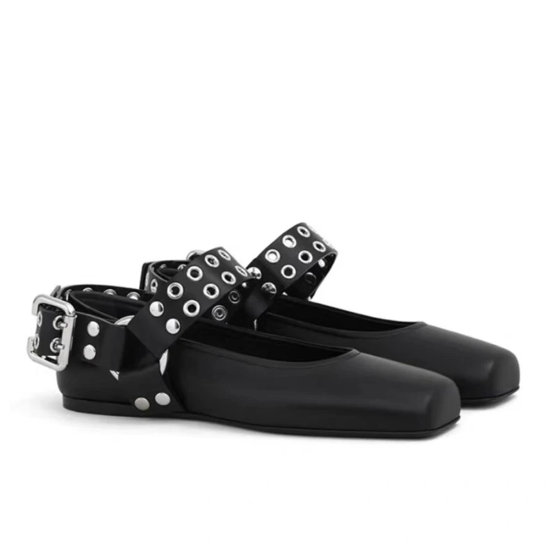 

Square Toe Flat Mary Jane Shoes Women Vintage Metal Buckle Causal Brand Designer Fashion Ballet Shoes Riveted Shoes Female
