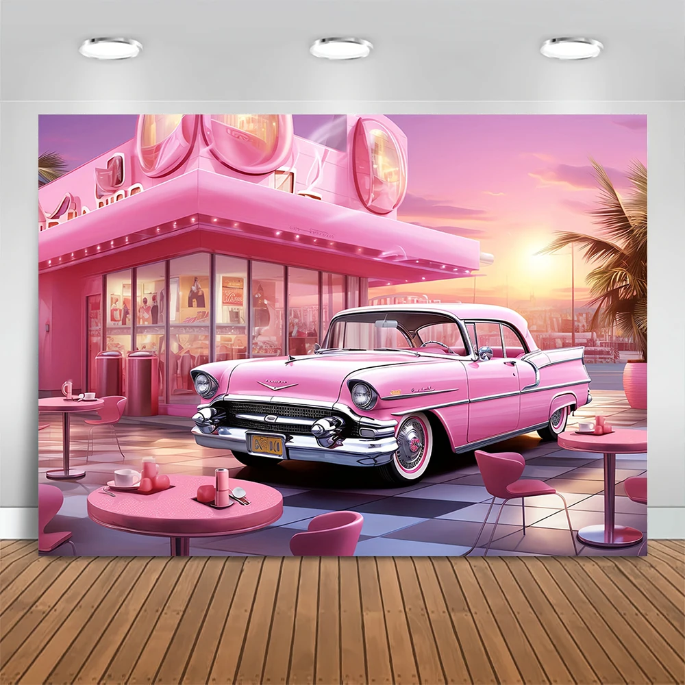 Retro Restaurant Party Backdrop Hot Pink Rock Disco Car Photography Background Girls Birthday Party Decor Banner Photo Studio