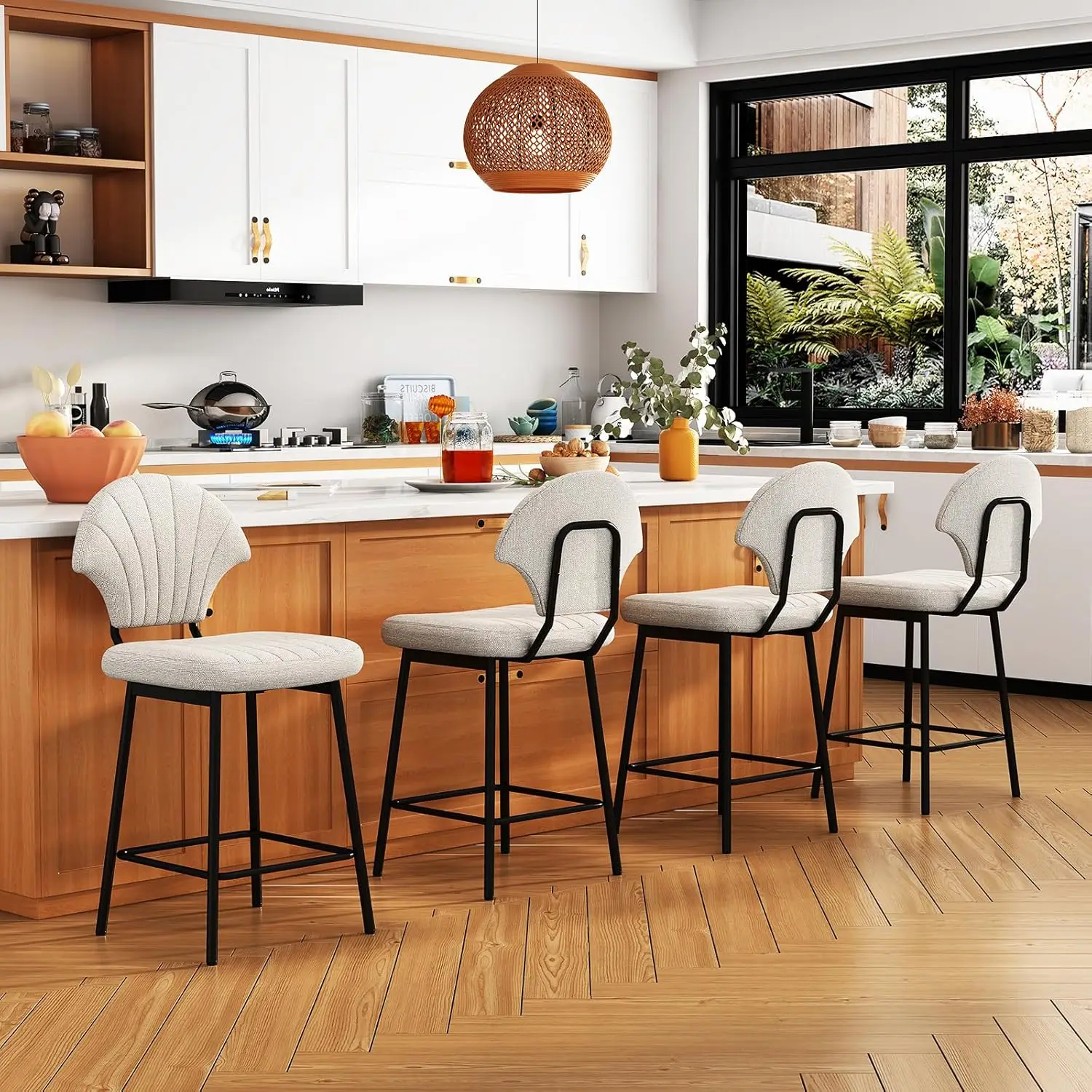 

Барные стулья высотой стойки, набор из 4 металлических ножек, подставка для ног, спинка с гребешком, кухня, кафе, столовая, бежевый, по индивидуальному заказу