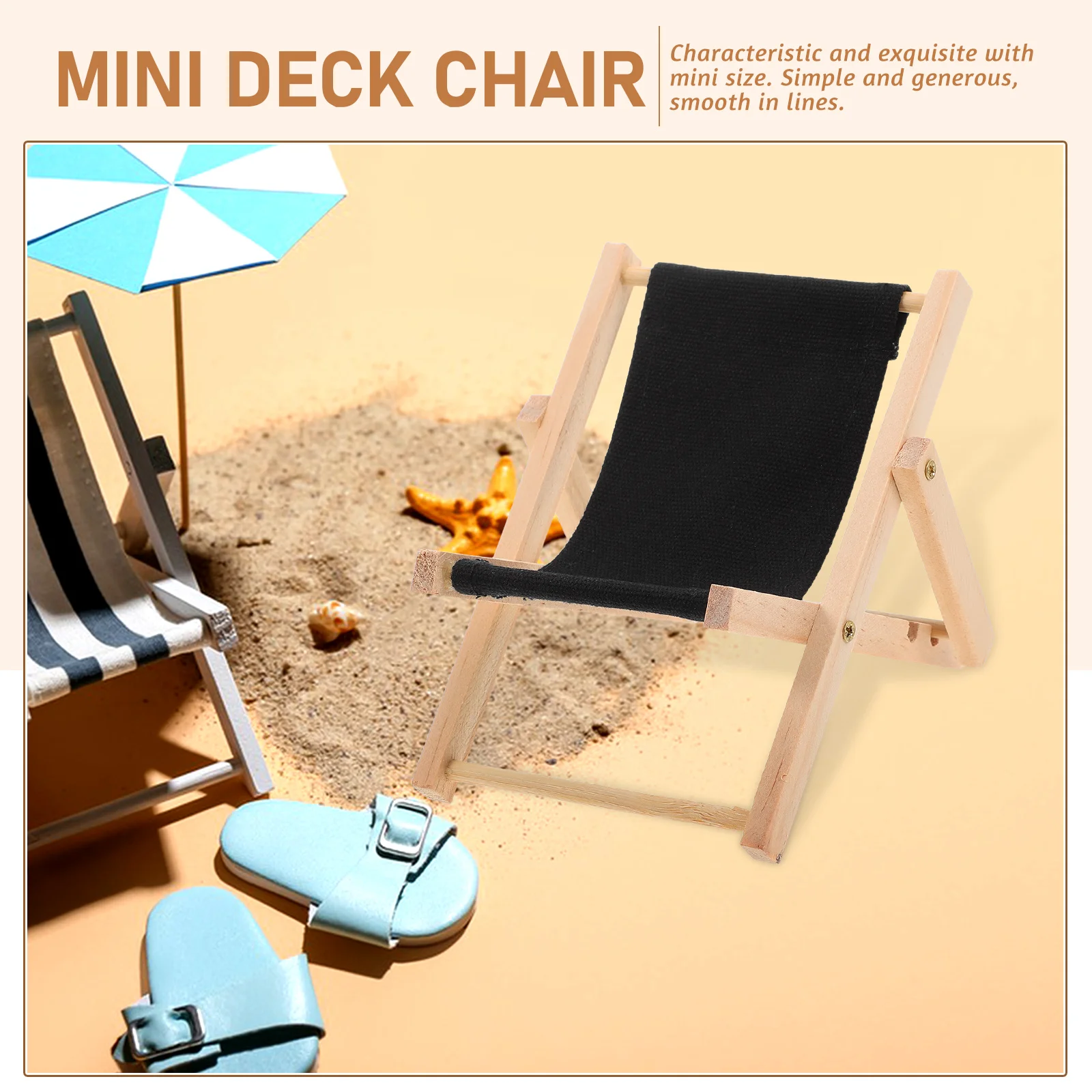 Mini silla de playa plegable de Color negro, modelo de sillón, muebles de juguete en miniatura de madera, decoración de micropaisaje, simulación de hogar
