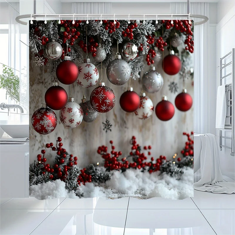 Christmas Holiday Themed Shower Curtain for Teens, Water-Resistant Polyester Bathroom Decor with Hooks, Woven Artsy Red & White