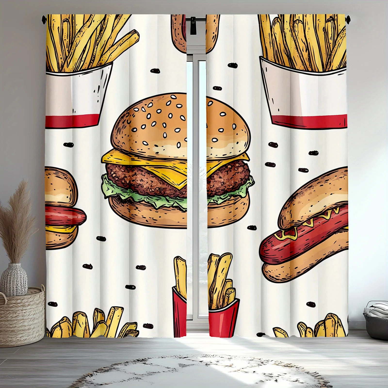 2pc funny fast food window curtain with burger fries and hot dog for kitchen or kids room decor playful style easy to care for