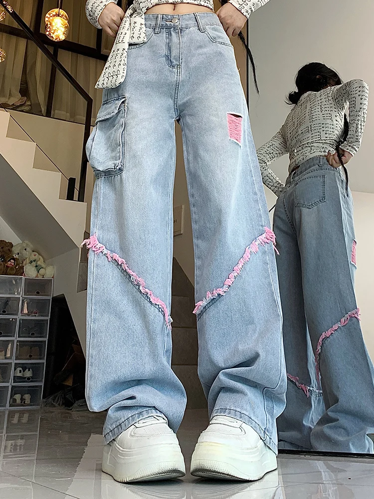 

Woman American Style High Street Patchwork Straight Leg Ripped Jeans Spicy Girl Blue High Waist Loose Spliced Slim Washed Pants