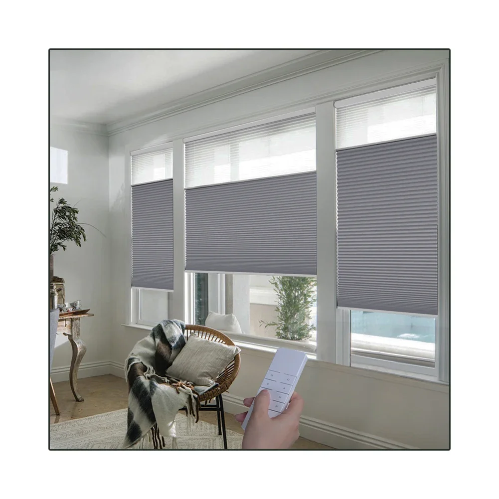 ZSHINE Day and Night Motorized Cellular Shades Remote Control Full Blackout Customized Size Window Honeycomb Blinds