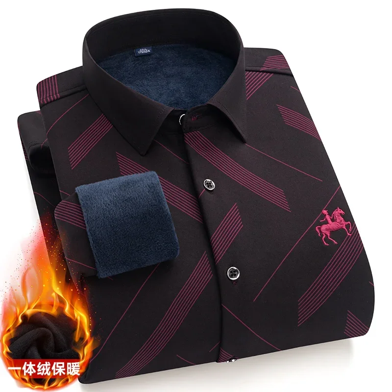 

Winter Mens Fleece Warm Shirt Classic Bussiness Stretch No Pocket Comfortable Soft Standard Fit Button Down Casual Shirts