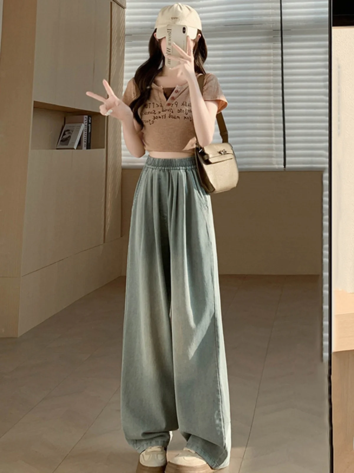 

Retro Blue Elastic Waist American Sle Wide Leg Jeans Women's High Waist Straight Casual Long Length Faionable Autumn New