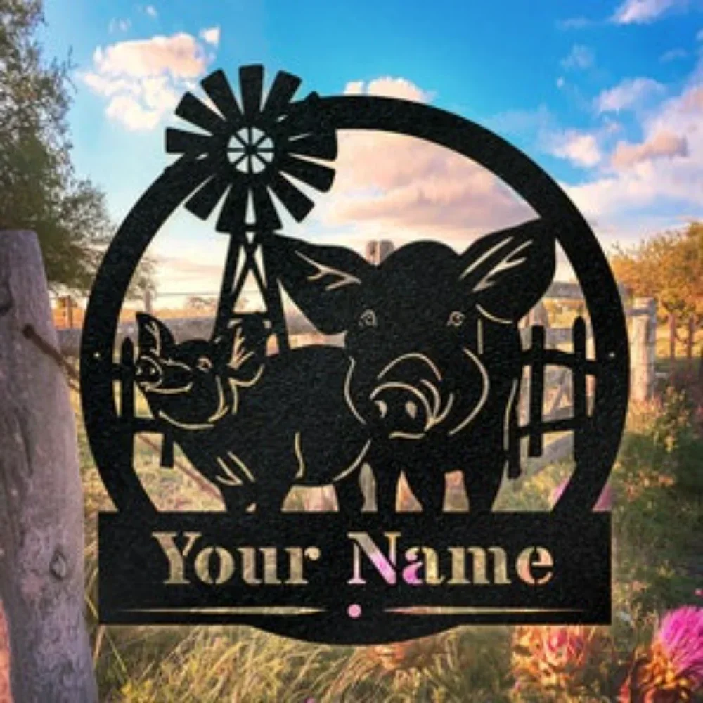 Personalized Pig Monogram Metal Farm Sign Porcine Decor Farmhouse Pig Motif Marker Rural Indicator Ornament Pig Farm Decor