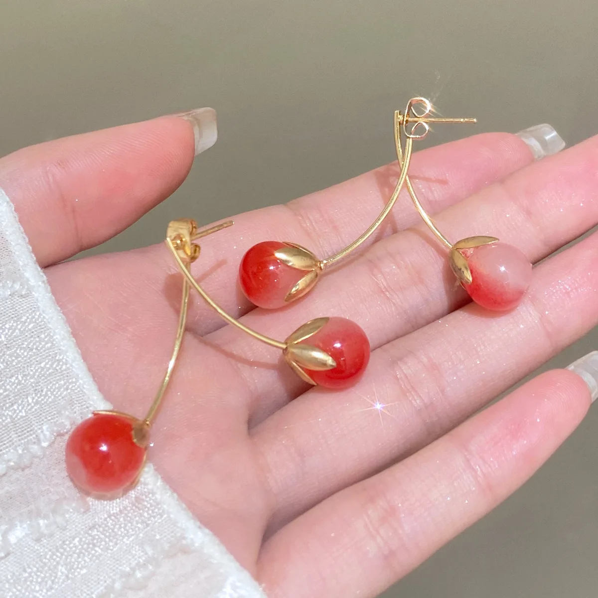 Pink Red Sweet Cherry Dangle Earrings for Women 2024 Trendy Advanced Front Back Hanging Long Earring Fashion Jewelry Luxury Gift