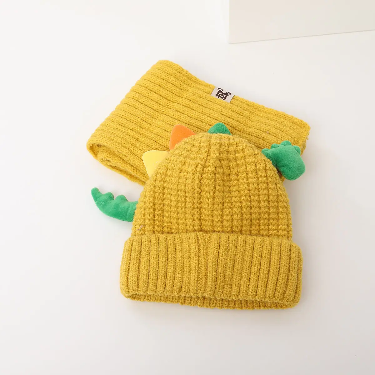 New Winter Cute Kids Fur Ball Knitted Beanies And Scarf 2pcs Set Baby Boy Girls Cartoon 3D Dinosaur Warm Hats Accessories