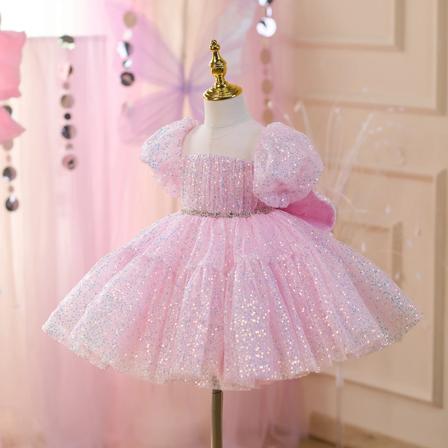 Dreamy Vow splendido abito da bambina rosa in tulle con paillettes con fiocco, matrimonio, compleanno, festa, lunghezza al ginocchio, abito da ballo J818