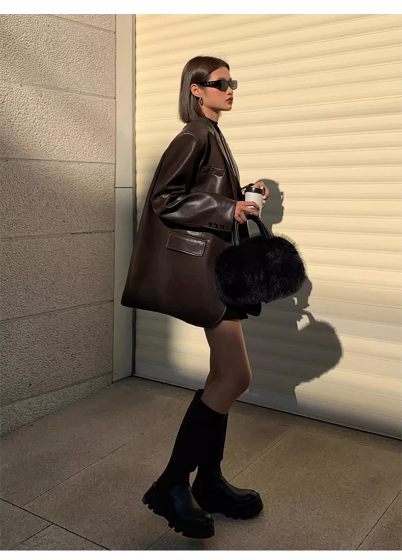 Lautaro Autumn Black Brown Soft  Pu Leather Blazer Women Shoulder Pads Long Sleeve Single Breasted Loose Casual Korean Fashion