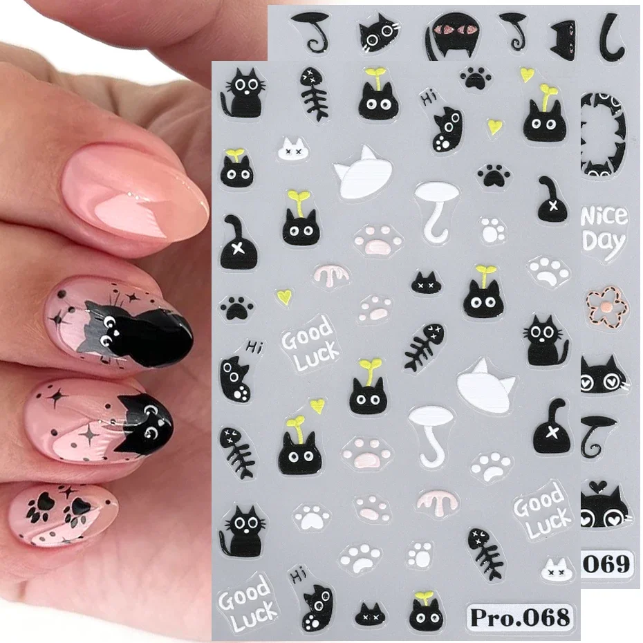 Black Cat 5D Embossed Nail Stickers Cartoon Cat Tail Palm Star Bow Ice Cream Kawaii Animal Engraved Slider Manicure Decoration