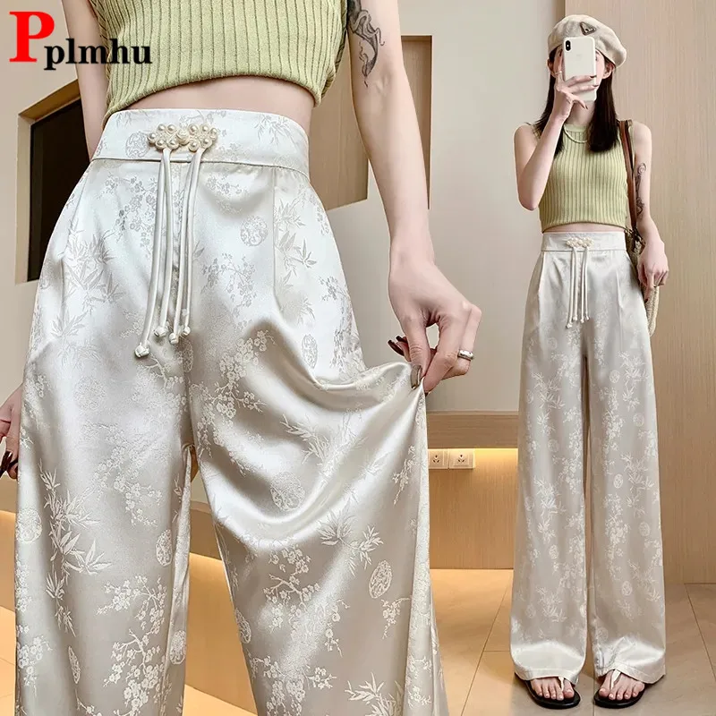 Women Satin Finish Loose Straight Pants Spring Fall Casual High Waist Pantalones 2024 Solid Streetwear Vintage Wide Leg Spodnie