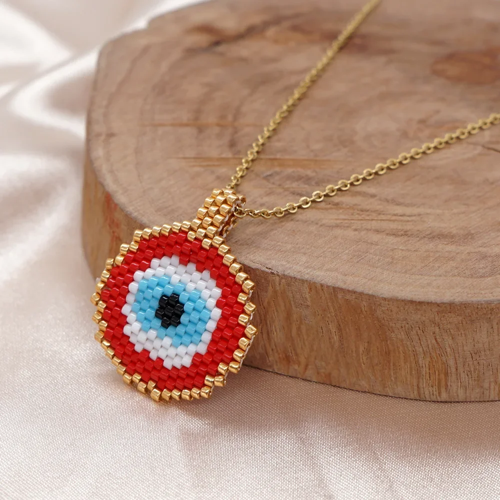 Beaded Necklace  Concentric Circle Eyes  Waves Flower Skull exaggerated Retro Trendy Hand Knitting Bohemian  Rice Bead Necklace