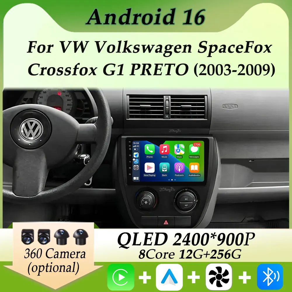 Radio Multimedia para Auto con Reproductor de Video, Carplay, Android, GPS, Navegación, DSP y Estéreo para VW Volkswagen SpaceFox Crossfox G1 PRETO 2003 - 2009