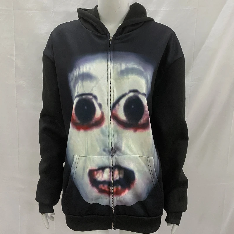 الخريف الشتاء اليابانية مضحك هالوين القوطية طويلة الأكمام البلوز 2000s الكتابة على الجدران كشر طباعة الاتجاه الشرير شارع العليا هوديس #5