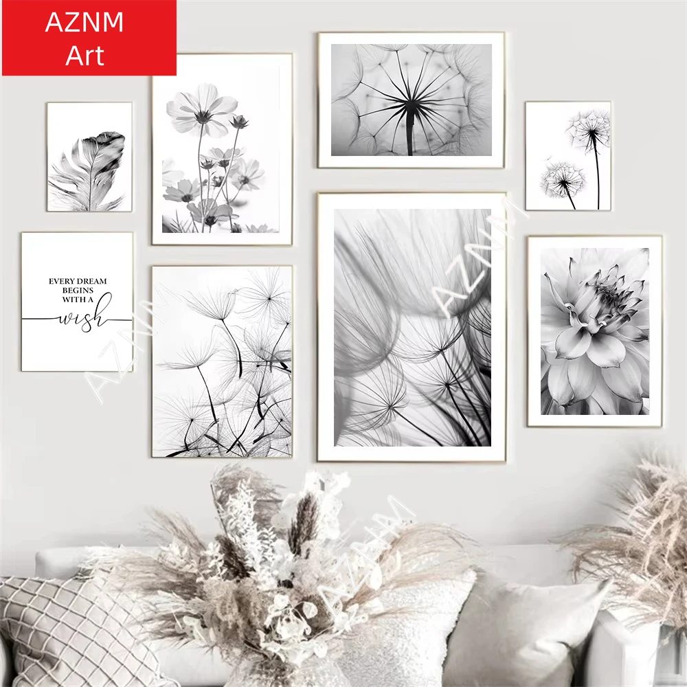 1PC Löwenzahn Blume Feder Wand Kunst Poster Schwarz und Weiß Kunstdrucke Zitate Leinwand Malerei Nordic Kunst Bild Zimmer decor
