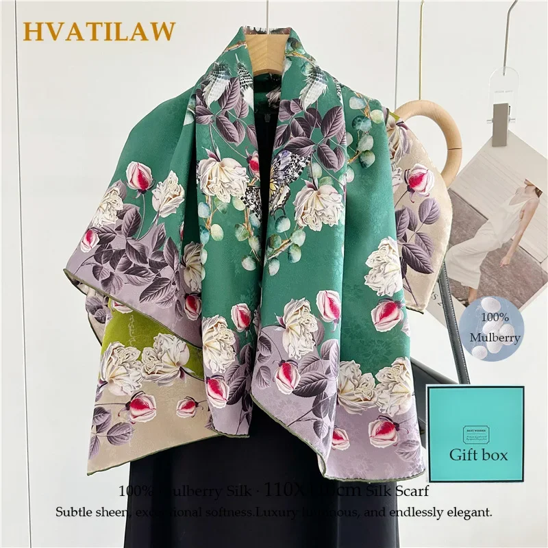 New 100% Mulberry Silk Scarf 110x110cm Square Real Silk Hand Rolled Edge Luxury Double-sided Printing Shawl Wrap Bandana Poncho