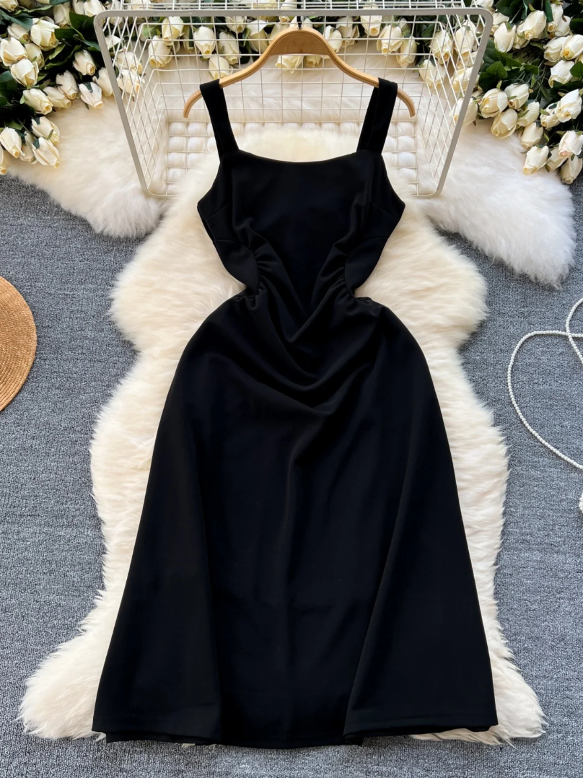 فستان نسائي أنيق للتخسيس الخصر بتصميم صيفي بحزام مطوي على الطراز الكوري تنورة متوسطة الطول على شكل حرف a