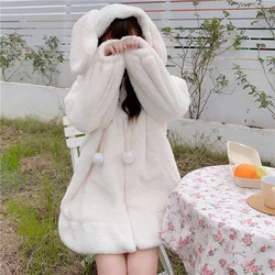Japanese Style Soft Girl Rabbit Ear Mid Length Hooded Sweatshirt Women's Autumn And Winter Lamb Wool Jacket Women's 2024 New