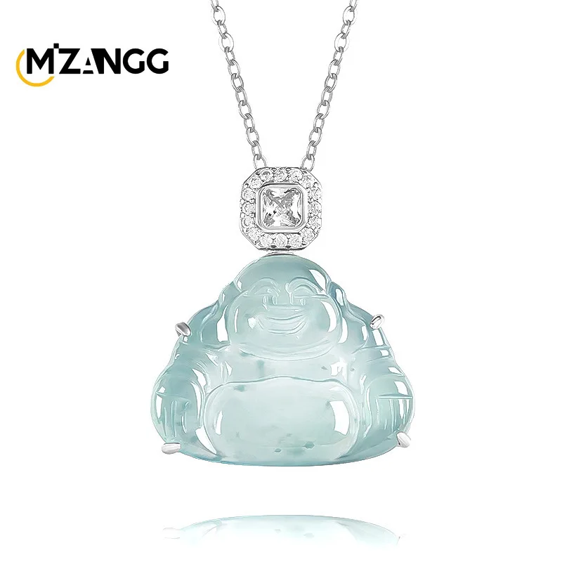 Natural A Goods Jadeite Blue Water Buddha Gong 925Silver Ice Pendant Exquisite Luxury Women's Necklace Lucky Amulet Holiday Gift