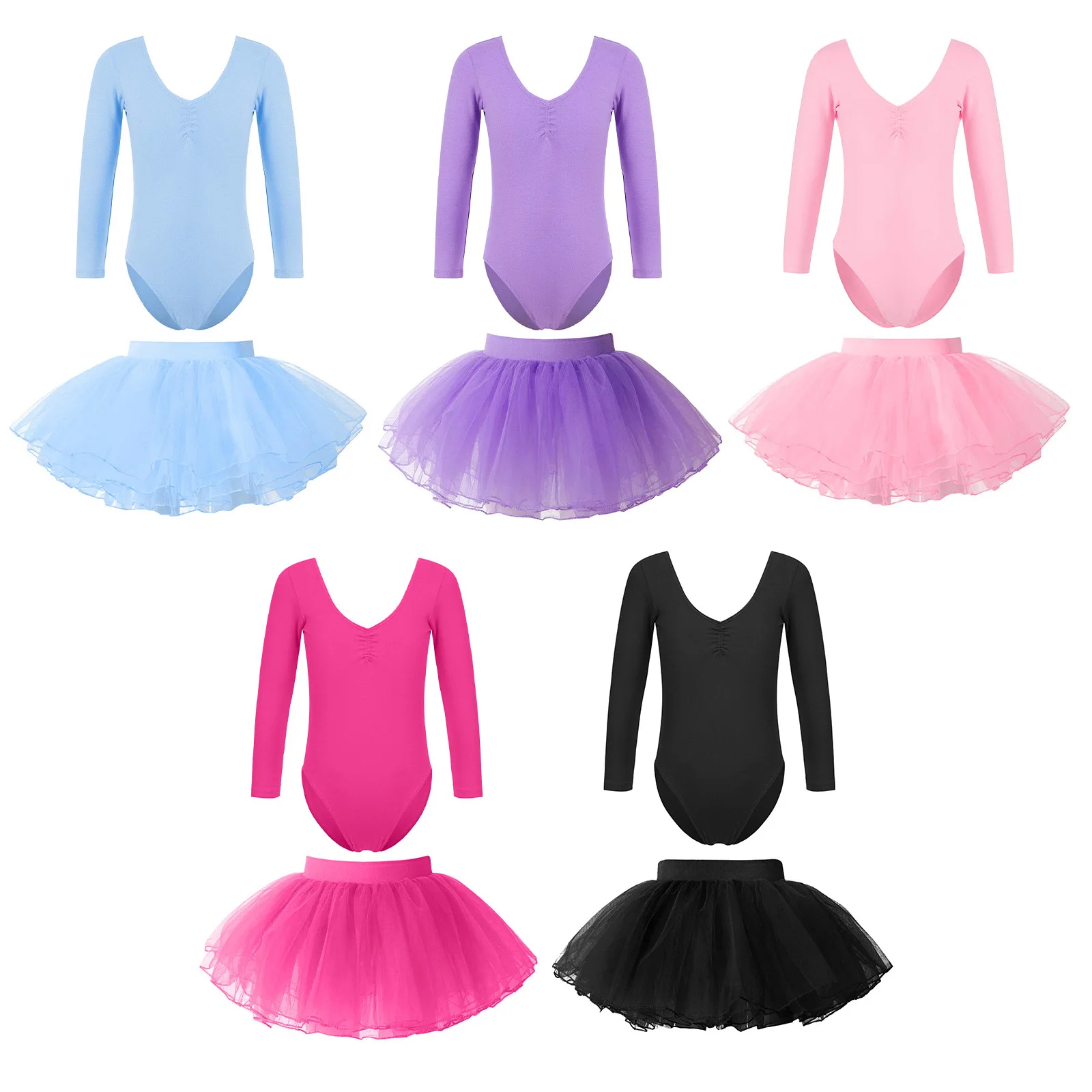 

2Pcs Girl Ballet Dance Outfit Long Sleeve Solid Backless Practice Performance Costume with Four-Layer Tutu Mesh Skirt for Ballet