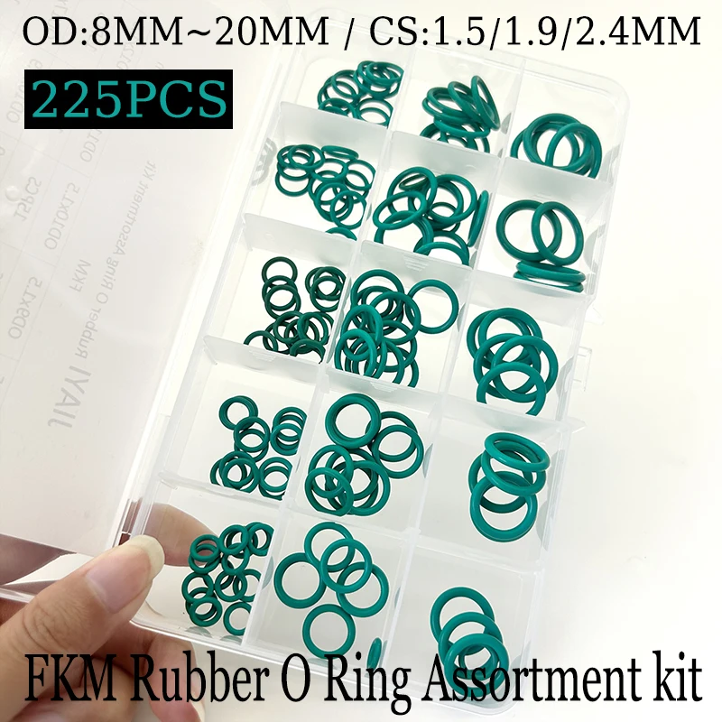 

Green FKM O-Ring Assortment Kit 150Pcs OD 8~20mm CS 1.5/1.9/2.4mm Chemical Resistant Seals for Valves/Pipes Durable Fluororubber