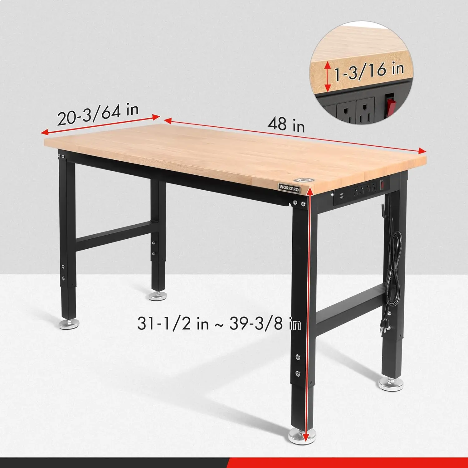 Banco de trabajo ajustable de 48", estación de trabajo resistente con tapa de madera de caucho, mesa de trabajo de madera dura con capacidad de carga de 2000 libras con tomas de corriente