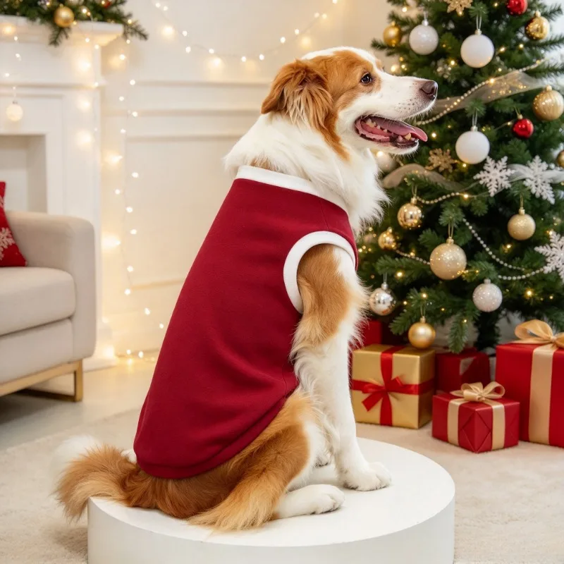 Christmas Cat Dog Shirt Polyester Material Christmas Cat Dog Shirt Wine Red Fleece Style Pet Party Wedding Outfit Vest