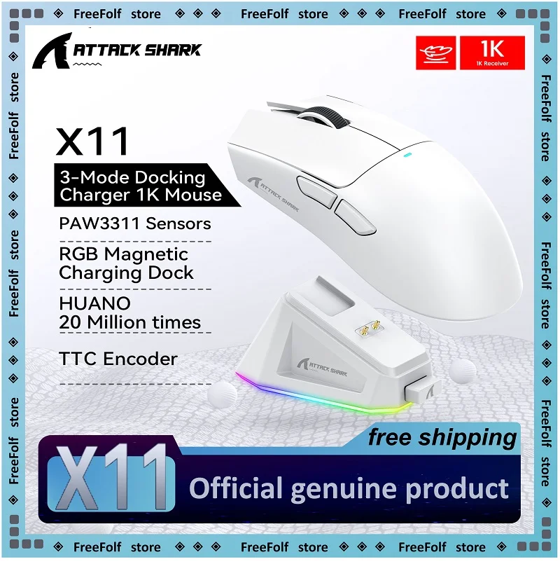 ماوس الألعاب اللاسلكي Attack Shark X11: 3-Mode (2.4 جيجا هرتز/سلكي/بلوتوث)، PAW3311، 22000 نقطة في البوصة، 400 رطل، ماوس ألعاب الكمبيوتر