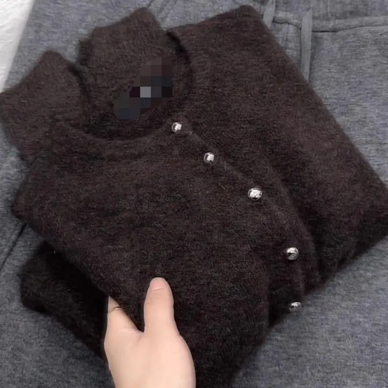 Women Simple Elegant Round Neck Knit Cardigan Autumn Winter Lazy Loose Soft Solid Color Sweater Coat