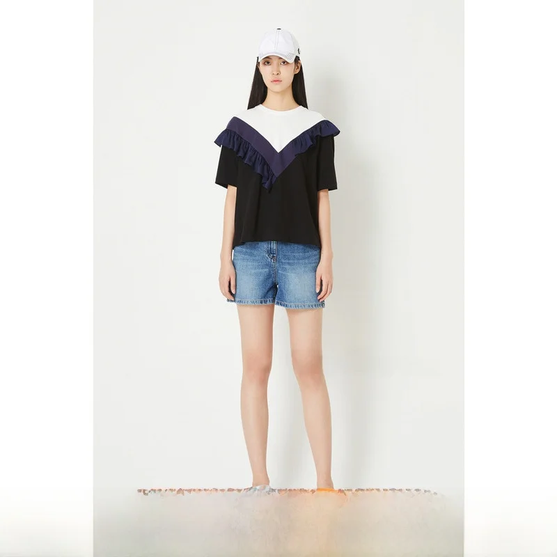 Pure Cotton ort Sve V-Ne Blouse Versatile Patchwork Hem Commute Sle Korean Faion Gored Skirt Button Detail