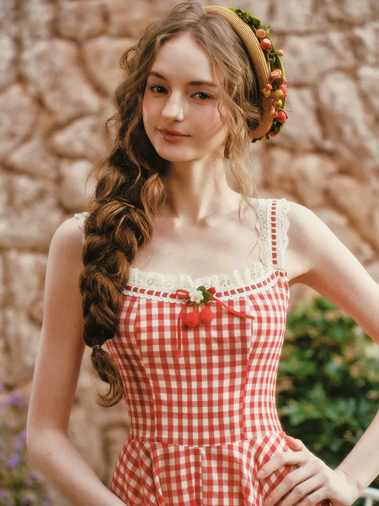 78-101cm Bust Summer Holiday Slip Dresses Women Elegant Sweet French Country Style Red Plaid 100%Cotton Spaghetti Strap Dress
