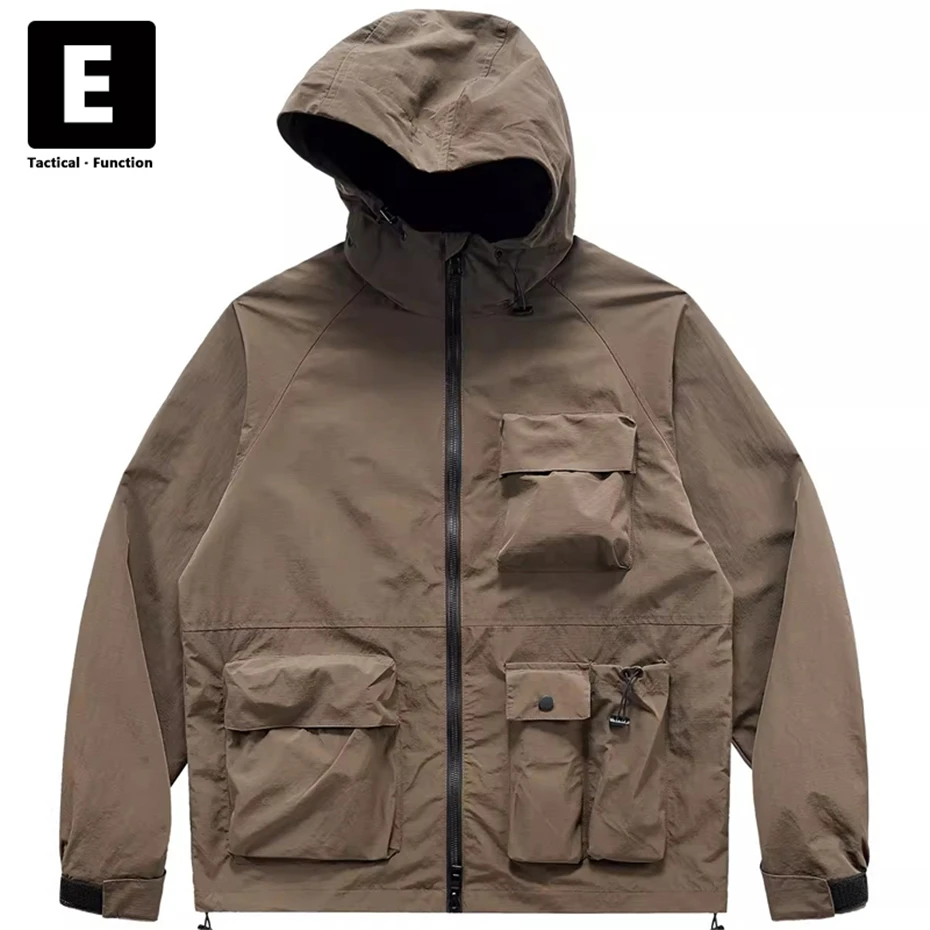 

Techwear Windbreak Jacket Men Spring Autumn Black Cargo Hooded Jackets Male Camp Jacket Coat Outdoor Outerwear