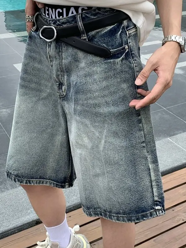 

Мужские джинсовые брюки с завышенной талией, летние тонкие тяжелые американские свободные брюки в стиле хип-хоп с пятью деталями, модные прямые джинсы