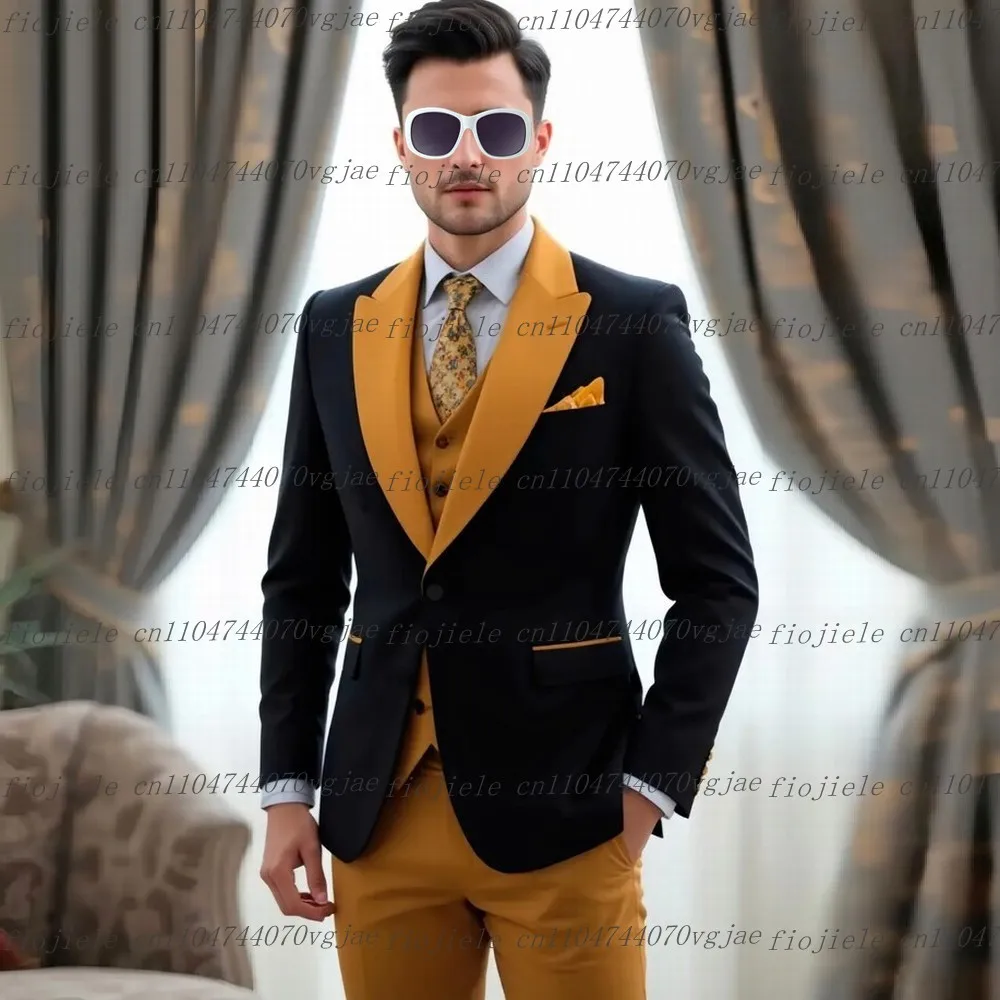 

Новый черный и темно-желтый мужской костюм для официальной свадебной вечеринки, жениха, деловые мужские смокинги, индивидуальный комплект из трех предметов, куртка, жилет, брюки