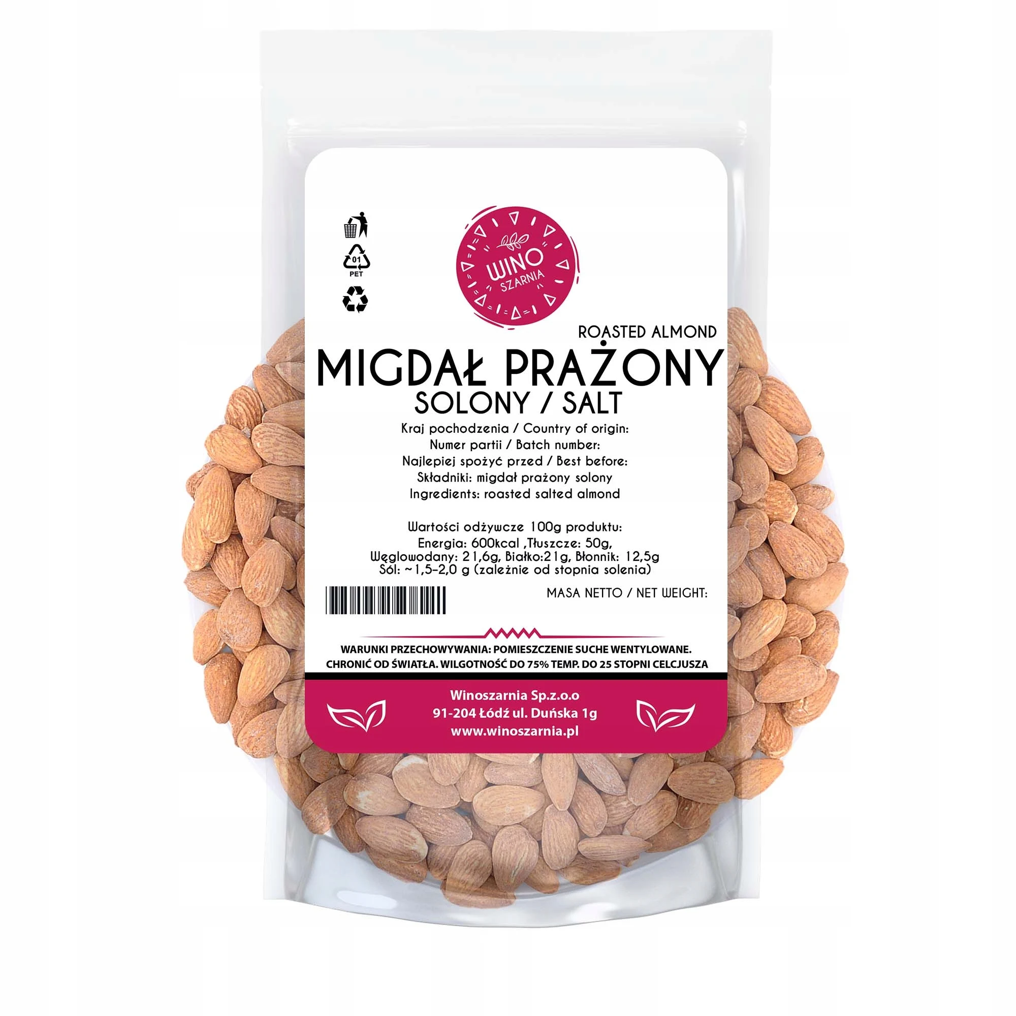 Migdały całe prażone solone - 500g naturalne świeże
