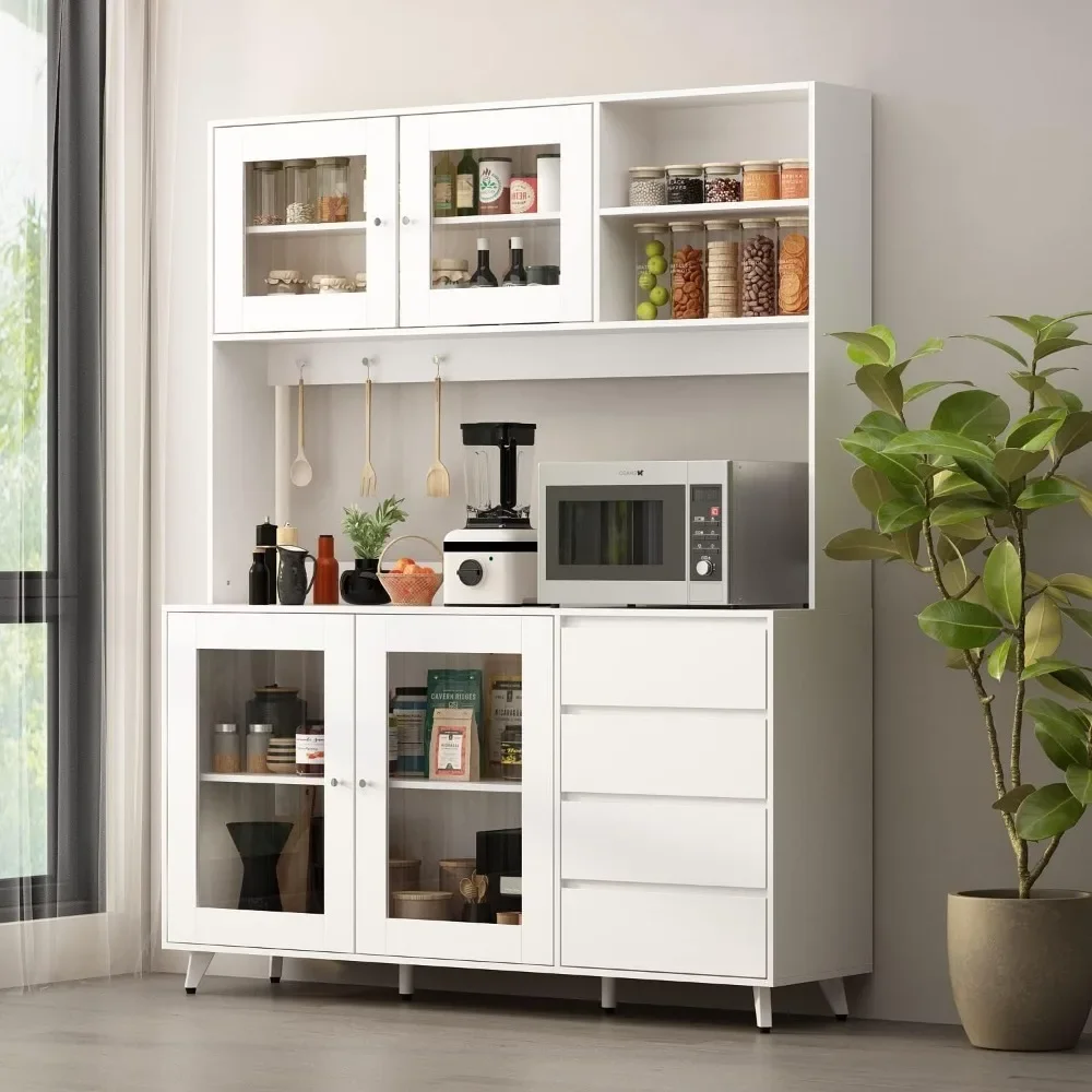 Freestanding Kitchen Pantry Storage Cabinet with 4 Glass Doors, Shelves & 4 Drawers, Wood Kitchen Cupboard with Hutch and Hooks