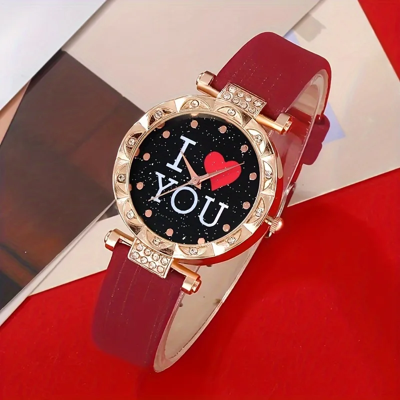 5pcs/set Women\'s Watch I Love You Heart Quartz Watch Luxury Rhinestone Analog Wrist Watch & Jewelry Set, Valentines Gift For Her