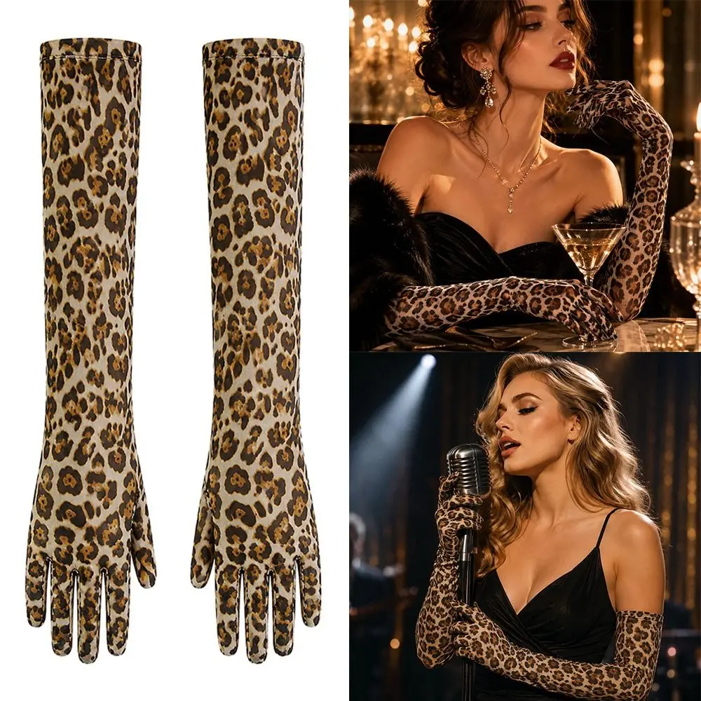 55cm Fashion Long Leopard Mesh Gloves Thin Breathable Costume Gloves Soft Stretch Disco Mittens Halloween