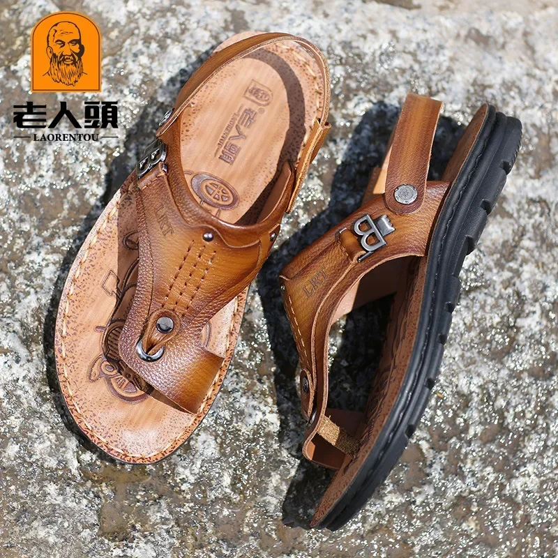 Sandals Men's Price Summer Flip-flops Leather Korean Non-slip Beach Sandals and Slippers Brown Leather Flip Flops Shoes