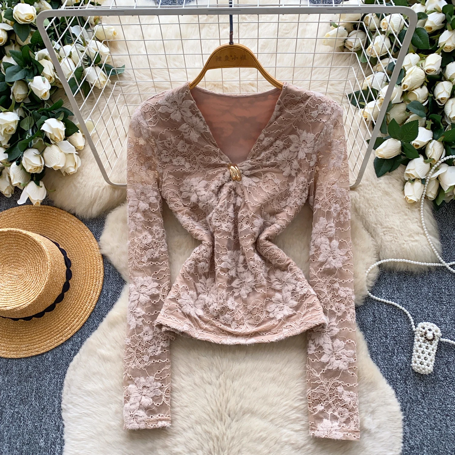 

Элегантная базовая кружевная тонкая блузка с v-образным вырезом и длинными рукавами, винтажный топ для офиса, женская уличная осенняя женская блузка